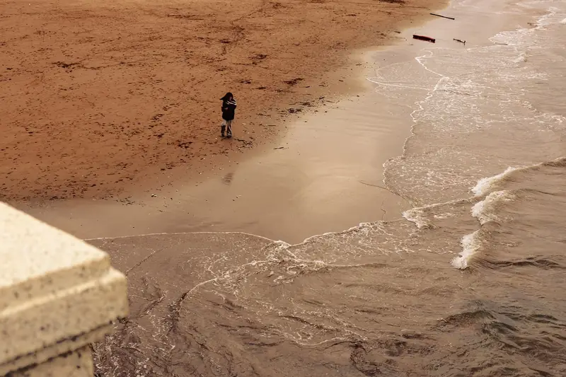 An expansive, slightly desaturated, high-angle photograph of a sandy beach. A single, solitary figure in dark clothing walks along the shoreline where foamy waves gently meet the sand, creating a sense of quiet isolation.