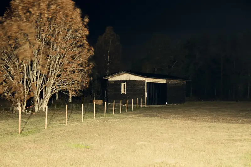 A nighttime landscape photograph of a rustic wooden outbuilding with black double doors. The building and the field in front of it are brightly illuminated by a harsh artificial light, starkly contrasting against the pitch-black night sky and the dark silhouettes of the forest behind. A large, bare tree on the left has slightly blurred branches, suggesting it is swaying in the wind.