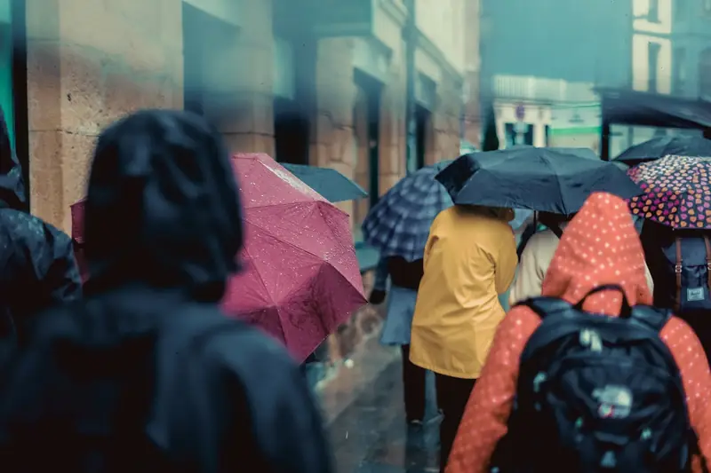 A crowd walking down a wet street in the rain. A dark pink umbrella covered in raindrops stands out in the foreground, with a person in a yellow raincoat and another in a red polka-dot coat visible further back.