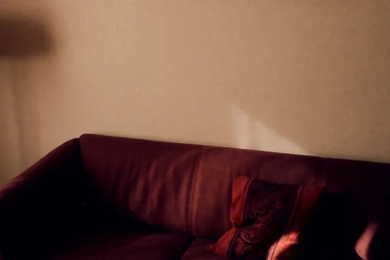 A living room corner with a dark burgundy sofa and a patterned throw pillow. Sunlight streams in and casts diagonal shadows across the wall.